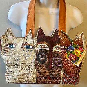 Laurel Burch Tres Gatos Shoulder Hand Bag Three Cats Vegan Cotton Zip Top NWT